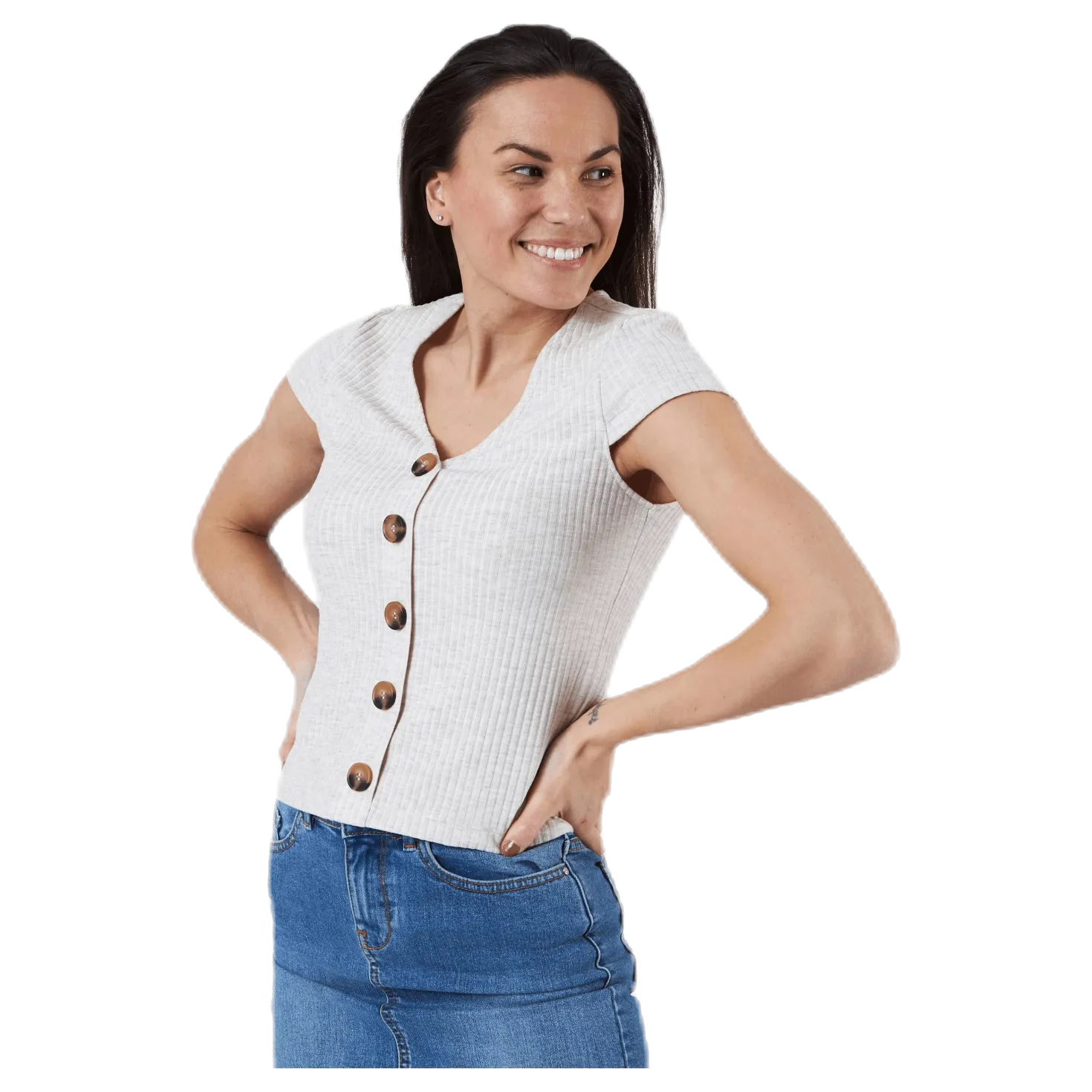 Nella S/S Button Top Beige