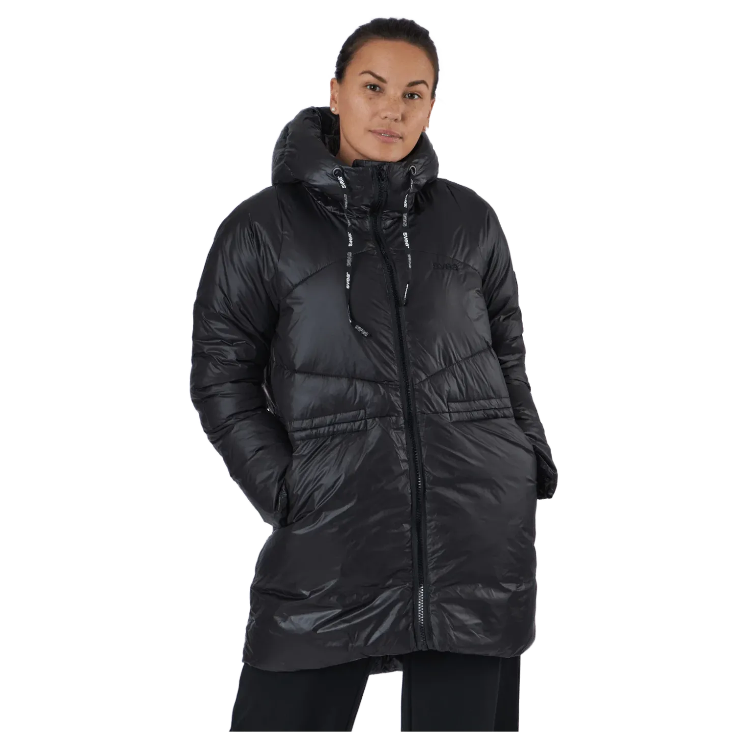 W. Mid Length Shiny Jacket Black